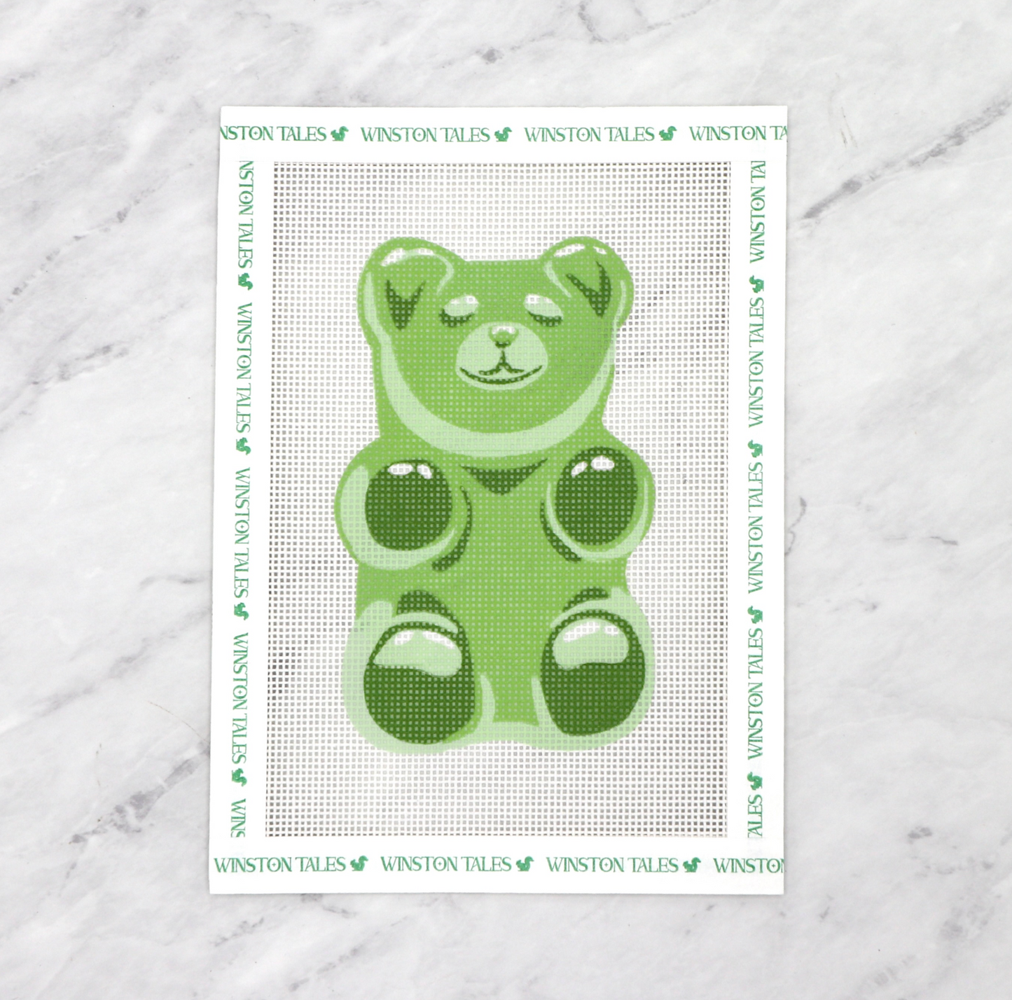 Green gummy bear illustration on a white background with text