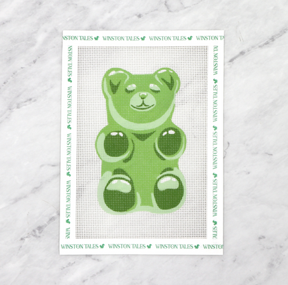 Green gummy bear illustration on a white background with text