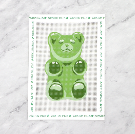 Green gummy bear illustration on a white background with text