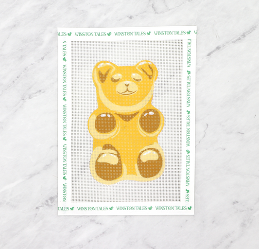 Yellow gummy bear illustration on a white background with text border